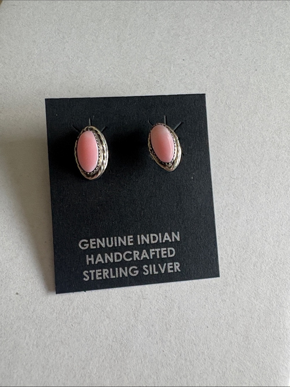Navajo Made Bucky Belin Sterling Silver Pink Conch Oval Stud Earrings NWT